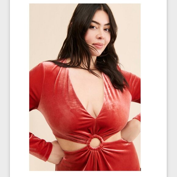 NWT Awaylee X Free People Peekaboo Velvet Jumpsuit Women's 1X Cutout Red Orange - Picture 4 of 16